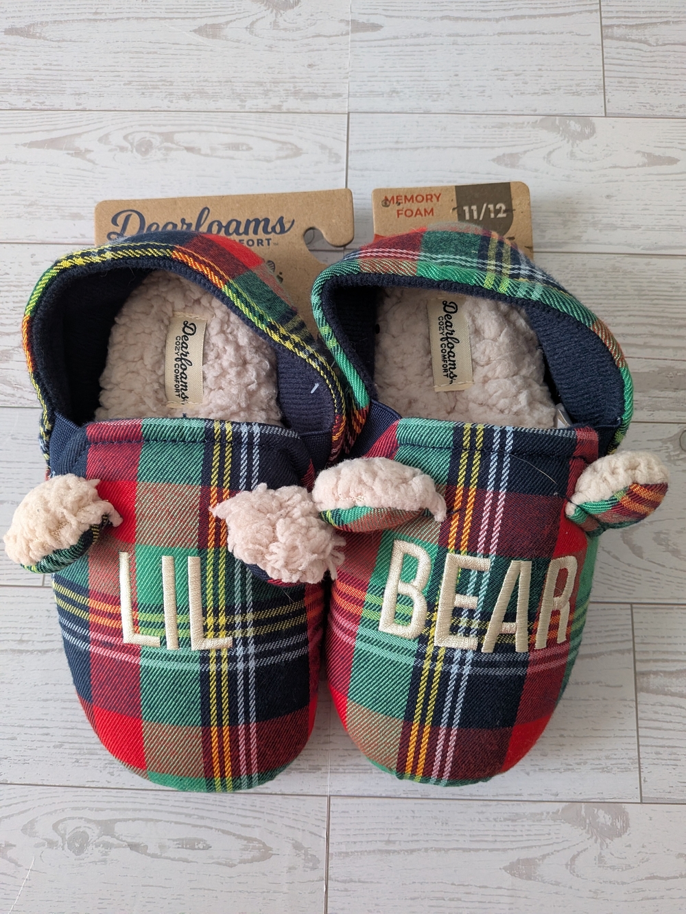Dearfoams Kids 'Lil Bear' Plaid Memory Foam Slippers - Red/Green